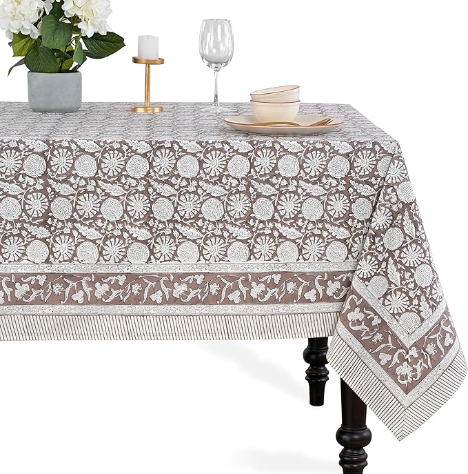CPC Rustic Brown Tablecloth 100% Cotton 60x90 Inch Indian Block Print Rectangle Table Cover, Table Cloth for Gifting in Weddings, Halloween, Fall, Christmas, Thanksgiving