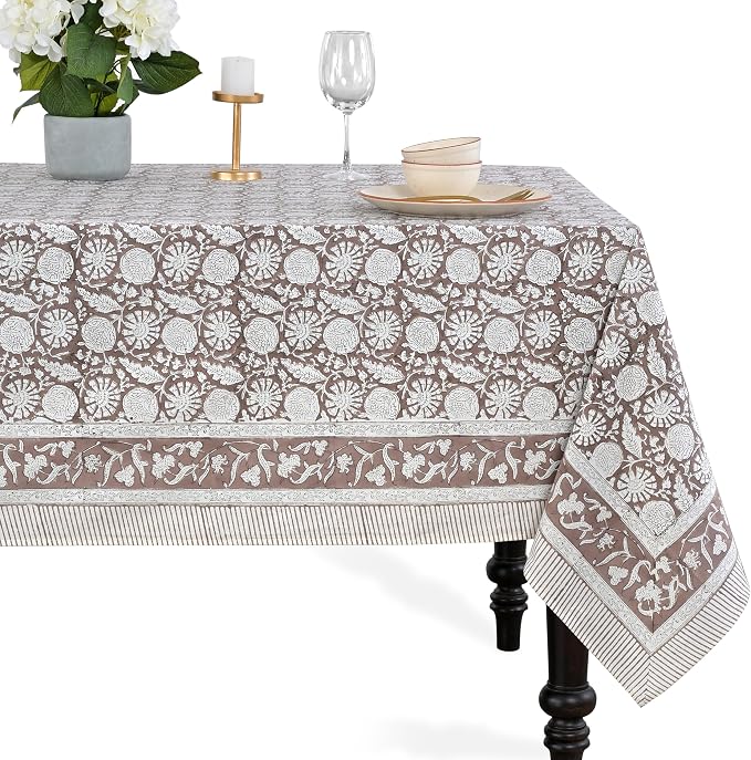 CPC Rustic Brown Tablecloth 100% Cotton 80x120 Inch Indian Block Print Rectangle Table Cover, Table Cloth for Gifting in Weddings, Halloween, Fall, Christmas, Thanksgiving