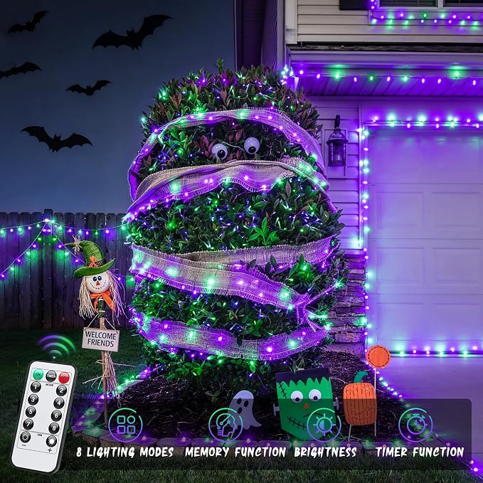 JMEXSUSS 2 Pack Battery Operated Halloween Lights with Remote, Total 66FT 200 LED Purple and Green Halloween Lights Indoor Outdoor, 8 Modes String Lights for Outside Yard Tree Front Porch Room House