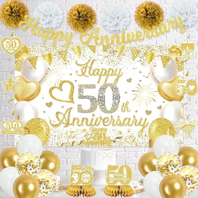 Vlipoeasn 50th Anniversary Decorations for Couple, White Gold Cheers to 50 Years Wedding Party Supplies, 50th Anniversary Backdrop Glitter Gold Banner, Cake Topper, Honeycomb, Hanging Swirl for Party