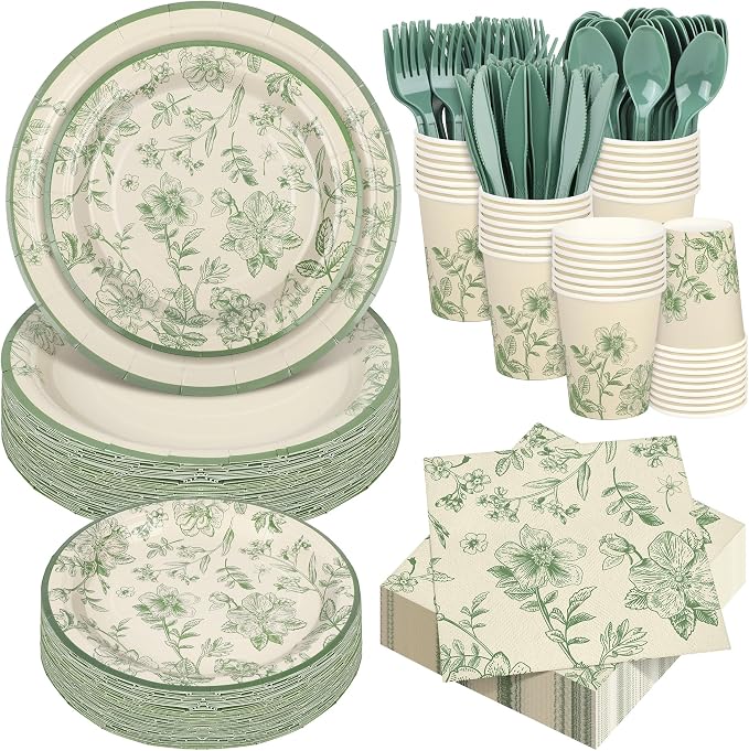 Kochorie 400 Pieces Sage Green Disposable Tableware Sets, Green and White Flower Party Supplies Set with Plates Cups Napkins Cutlery Serves 50 for Wedding Birthday Bridal Shower Party Decorations