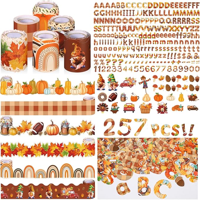 Kosiz Fall Bulletin Board Decoration Set 118 ft Thanksgiving Scalloped Bulletin Board Borders Classroom Poster Border Trim with 257 Pcs Letter Number Symbol Cutout for School Decor