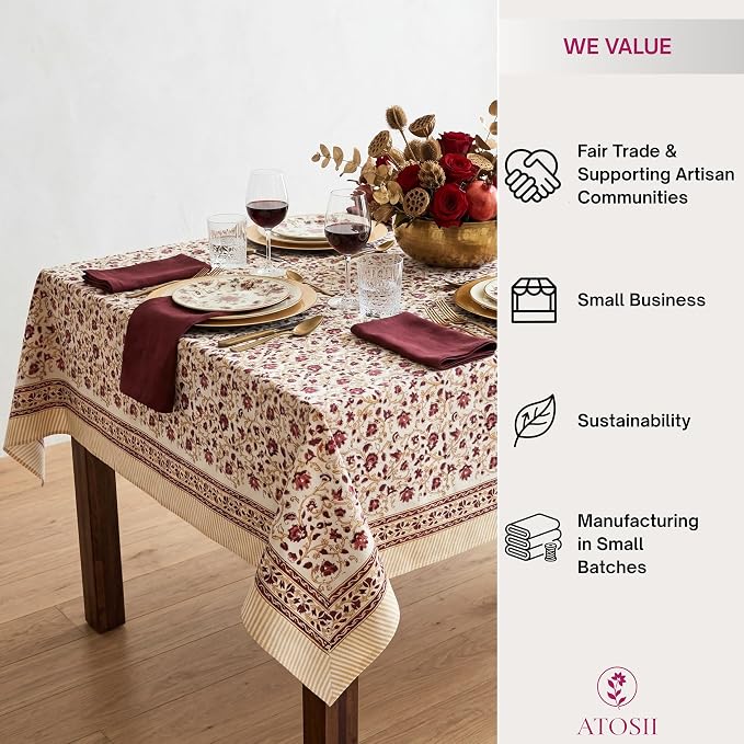 ATOSII Sophia 100% Cotton Rectangle Boho Spring Tablecloth, Handblock Floral Table Cloth Linen for Kitchen Dining I Parties Wedding Outdoors Farmhouse Grandmillennial I 60 X 108 Inches I 8 Seater