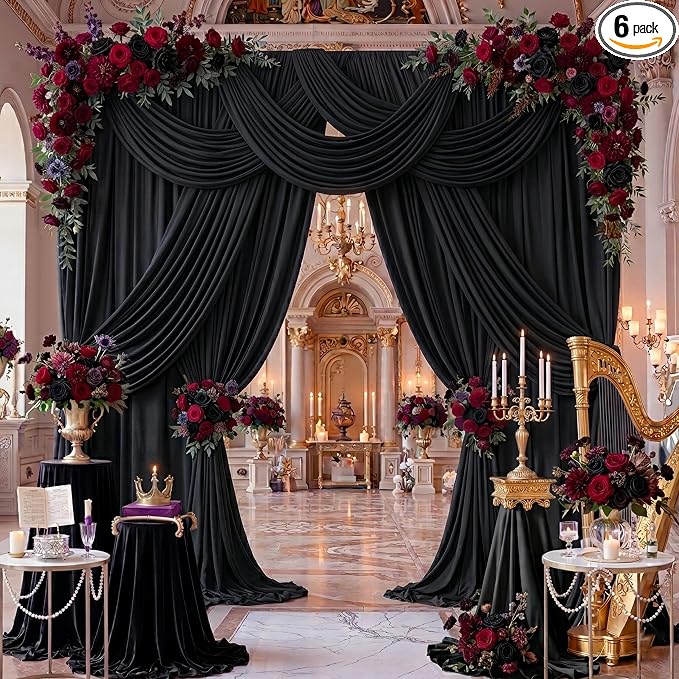 30x14ft Black Backdrop Curtains for Wedding Party, 6 Panels 14 ft Long Back Drop Cloth, Wrinkle-Free Polyester Drapes for Birthday, Baby Shower, Stage Photography Background