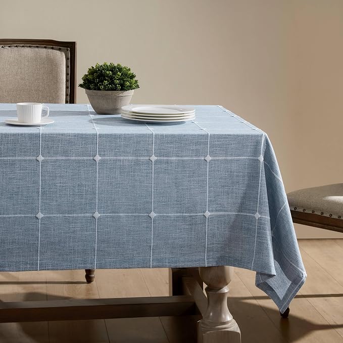 ZeeMart Grid Embroidered Hemmed Tablecloths, Blue 60x120 Inch, Farmhouse Style Heavy Weight Cotton Linen Dusty Blue Tablecloths, Boho Plaid Water Resistant Rectangle Table Cloth