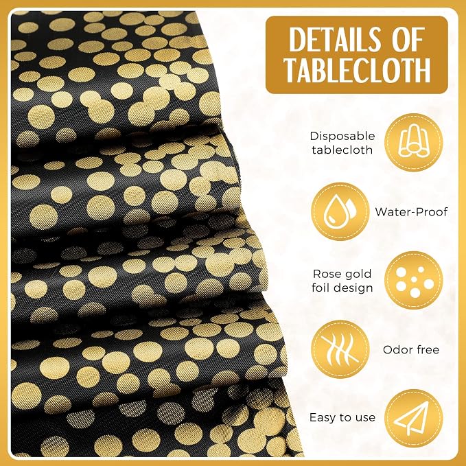Tudomro 16 Pieces New Year Black and Gold Disposable Plastic Tablecloths and Satin Table Runner Set 54x108 Inch Tablecloth 12x108 Inch Table Runners for Wedding Birthday Baby Shower Graduation