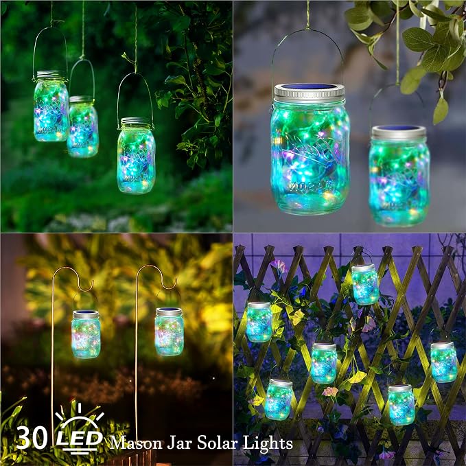SmilingTown 30 LED 10 Packs Solar Mason Jar Lights [Updated] Fairy Firefly Jar Lids String Lights with Hangers Waterproof Patio Yard Garden Wedding Party Decoration - Colorful (NO Jars)