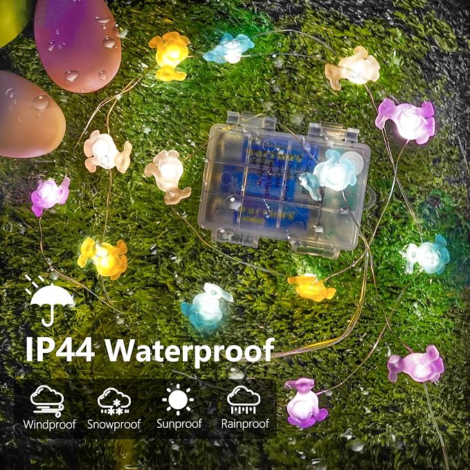 EXF Easter Decorations Bunny Pastel Fairy Lights, Battery Operated with Remote & 8 Modes & Timer, Waterproof Easter String Lights for Indoor Spring Themed Party Decor (Multi Color)