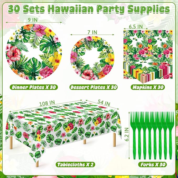 QZYL 122Pcs Luau Party Decorations, 30 Sets Paper Luau Plates and Napkins, Disposable 9" and 7" Hawaiian Party Decorations, Rectangle Hibiscus Palm Leaf Tableware for Summer Holiday Hawaiian Supplies