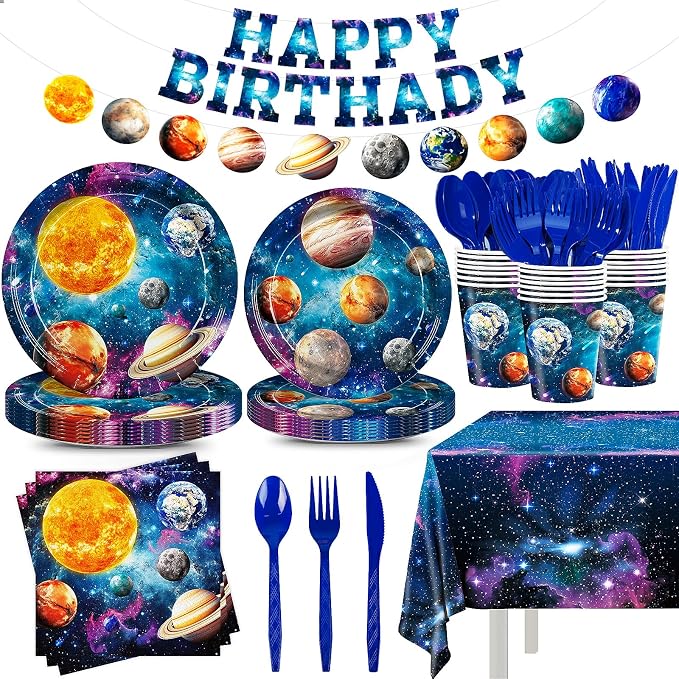 170pcs Outer Space Birthday Party Decorations Space Party Plates Napkins Tableware Set Solar System Disposable Cups Dinnerware Happy Birthday Banner Tablecloth for Kids Boys Party Supplies 24 Guests