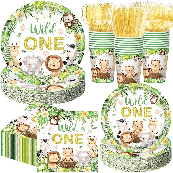 Funnymoom 400 Pcs Wild One Birthday Party Supplies for 50 Guests 1st First Safari Jungle Baby Shower Disposable Plate Napkin Cup Spoon Fork Knives for Boys Animal Party Decoration