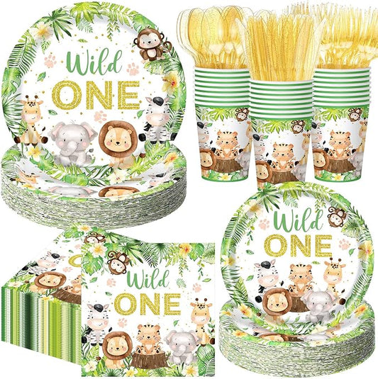 Funnymoom 400 Pcs Wild One Birthday Party Supplies for 50 Guests 1st First Safari Jungle Baby Shower Disposable Plate Napkin Cup Spoon Fork Knives for Boys Animal Party Decoration