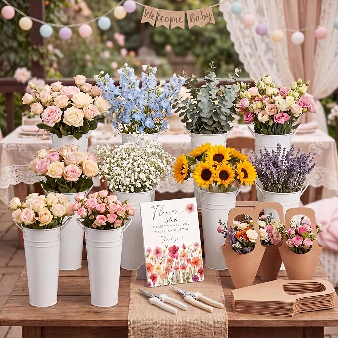 LEIFIDE Flower Bar Buckets Set Kit Bloom Bar Supplies Include Wood Sign Gift Bags Iron Bucket Garden Flower Shears for Wedding Bridal Shower Graduation Birthday Table Centerpieces(45 Pcs,Creamy White)