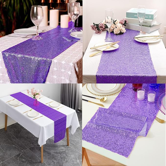 12 Packs 12 X 108 Inch Purple Sequin Table Runner Glitter Dining Table Runner for Birthday Wedding Engagement Bridal Baby Shower Bachelorette Holiday Celebration Party Supplies Decorations (Purple)