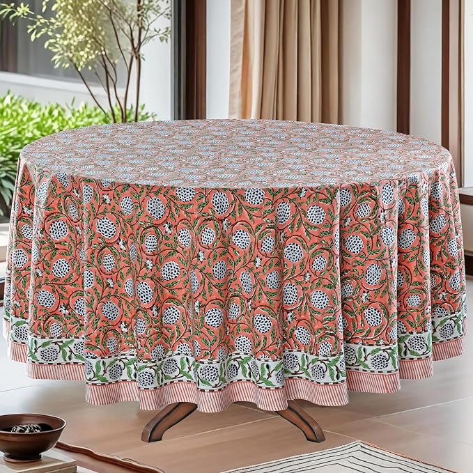 Ridhi Round Tablecloth Hand Block Print 100% Cotton Reusable Dark Salmon 132 Inch Table Cover Decorative Everyday Use for Dining, Home, Party, Wedding, Farmhouse, Party Gift for Spring, Mother's Day