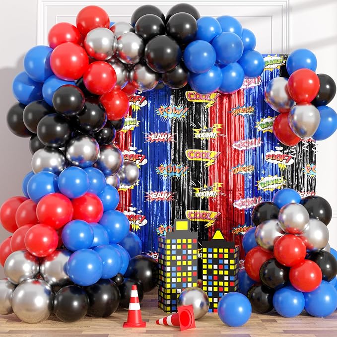 Black Red Blue Balloon Garland Arch Kit Birthday Party Decorations, Hero Foil Fringe Curtains Backdrop Tinsel Streamer Photo Booth Props for Hero Party Decor Supplies Favors