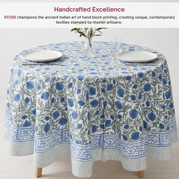 ATOSII Anar Blue 100% Cotton Round Boho Fall Tablecloth, Handblock Floral Table Cloth Linen for Kitchen Dining I Parties Weddings Outdoors Picnics Easter Mothers Day I 72" Inches Round I 4 Seater