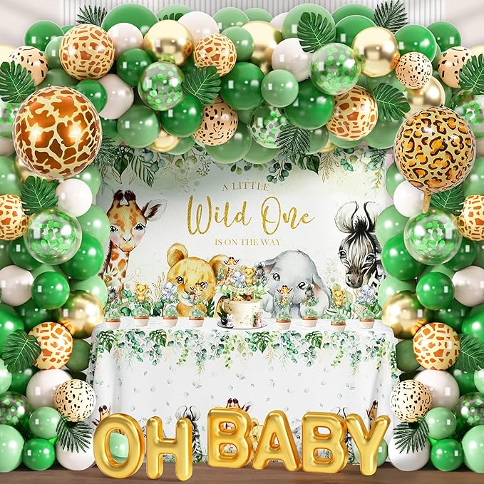 JOPHMO Safari Baby Shower Decorations for Boy - 116 Pcs Wild One Birthday Decorations Jungle Theme Baby Shower Decorations Boy with Balloon Arch Kit, Wild One Backdrop, Tablecloth and Baby Boxes