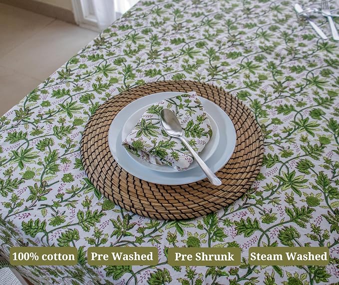 Light Green Block Print Table Cloth- 60x90 Inch Rectangle 100% Cotton Handmade Pre-Shrink, Washable for Spring, Kitchen & Dining Perfect for Chirstmas, Patio, Indoor & Outdoor, Farmhouse