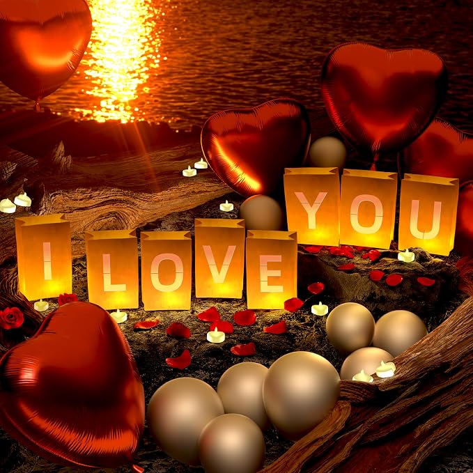 I Love You Light Up Letters, with Tea Lights Candles, Rose Petals, Pearlescent Foil Balloons - Luminary Paper Bags, Anniversary Decorations and Valentines' Day Decorations for Your Loved One