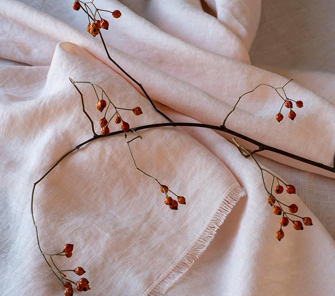100% Pure Linen Tablecloths for Rectangle Tables with Fringe, 55x55 Inch Pink Linen Table Cloth for Wedding, Party, Easter,Thanksgiving, Machine Washable