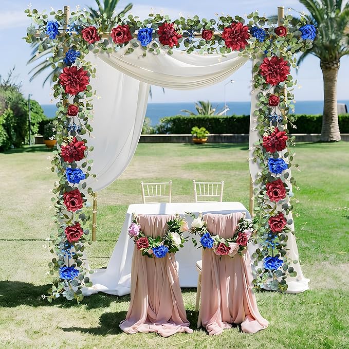 Waipfaru Flower Garland, 6.07Ft Eucalyptus Greenery Garland, Rose Floral Vines for Wedding Table Runner Centerpieces Backdrop Decor (Red Blue)