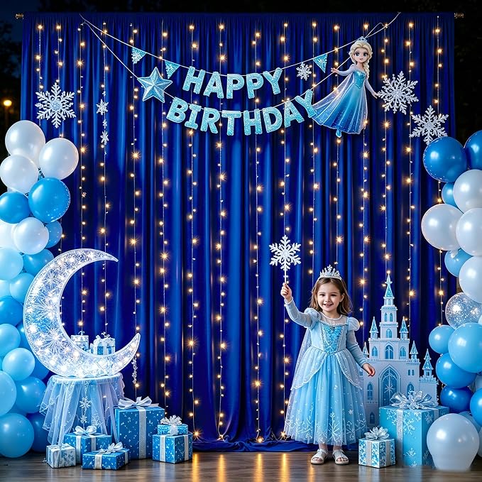 Royal Blue Backdrop Curtains with Lights for Parties,20x10FT Wrinkle Free Wedding Photo Backdrop Drapes Fabric for Baby Shower Birthday Ceremony Reception Home Party Decorations
