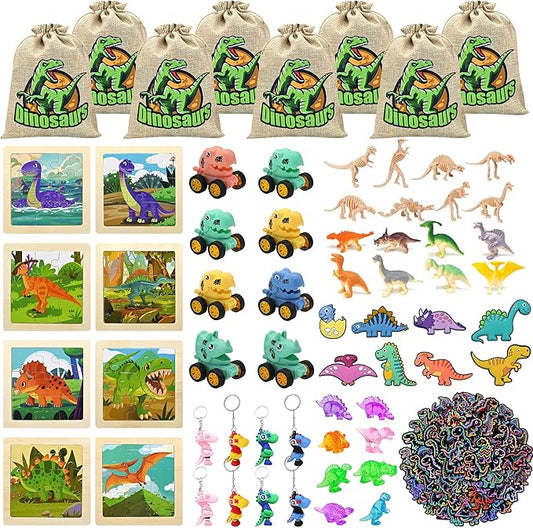 128PCS Dinosaur Party Favors for Kids, Dino Birthday Goodie Bags Set with Puzzles, 50 Stickers, Keychains, Fridge Magnets, Acrylic Crystal Dinosaurs, Dino Pull-Back Cars, Bookmarks & Burlap Gift Bags