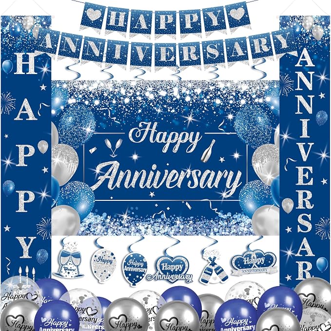 Blue Happy Anniversary Decorations for Men Women - Silver Banner Backdrop, Hanging Swirls, Porch Sign, Navy Balloons - Party Decor for Wedding Anniversary Supplies