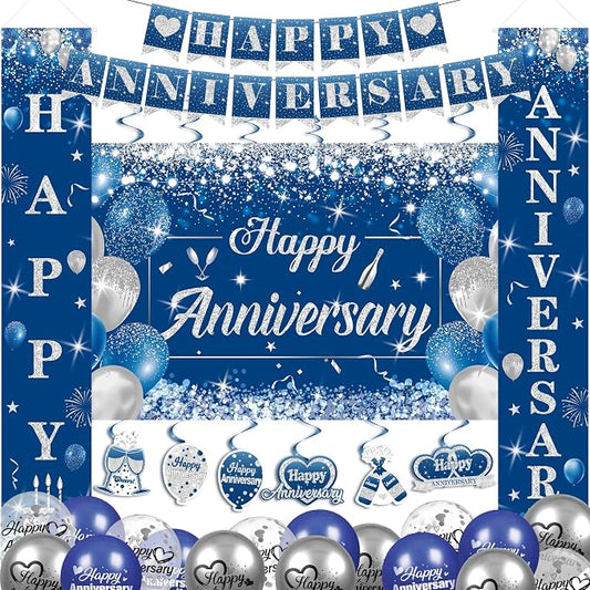 Blue Happy Anniversary Decorations for Men Women - Silver Banner Backdrop, Hanging Swirls, Porch Sign, Navy Balloons - Party Decor for Wedding Anniversary Supplies