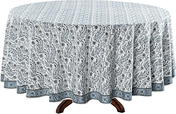 Ridhi Round Tablecloth Hand Block Print 100% Cotton Reusable Baby Blue Eyes 110 Inch Table Cover Decorative Everyday Use for Dining, Home, Party, Wedding, Farmhouse Gift for Spring, Mother's Day