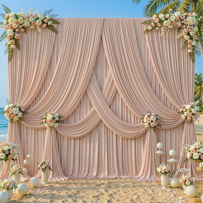 10ftx12ft Wrinkle Free Nude Backdrop Curtain, 10 Panels 12FT Long Wedding Photo Backdrop Drapes, Silky Polyester Back Drop Cloth for Birthday Photography Background Party Backdrop Draping