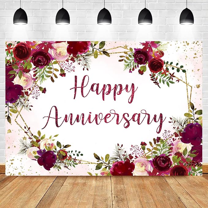 Happy Anniversary Backdrop 8Wx6H Feet Polyester Fabric Elegant Burgundy Floral Watercolor Rose Plant Green Leaves Gold Glitter Decoration Romantic Photography Background Photo Shoot Props