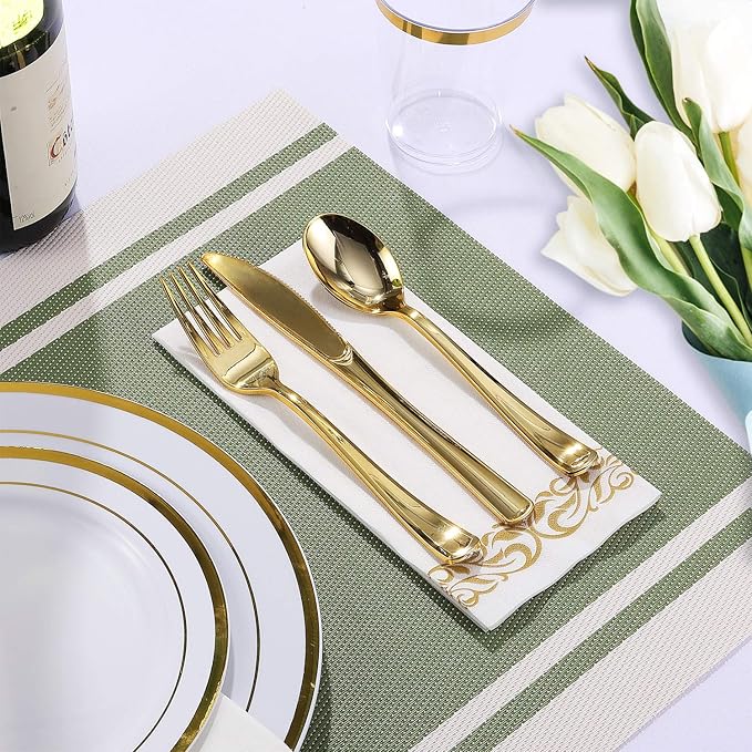 FOCUSLINE 350 Ct Disposable Dinnerware Set for 50 Guests -Heavy Duty Plastic Plates with Gold Rim, Includes 50 Dinner & Salad Plates, Cups, Napkins, Cutlery Set