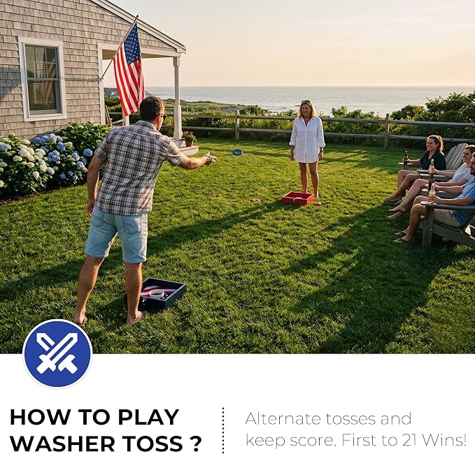 Washer Toss Game Set Portable Outdoor Lawn Game with 8 Steel Washers for Tailgating, Backyard BBQs and Camping