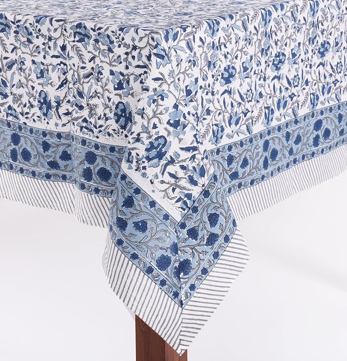 ATOSII Jodhpur Blue 100% Cotton Rectangle Tablecloth, Handblock Floral Linen Table Cloth for Kitchen Dining Table I Parties Wedding Outdoors I Home Decor 60 X 108 Inches