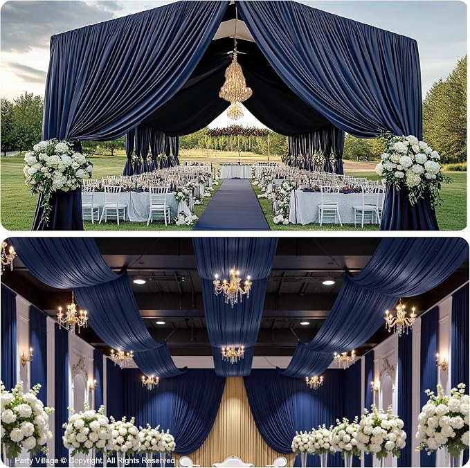 20ftx40ft Navy Blue Ceiling Curtain for Wedding Parties – 4 Panels Wrinkle-Free 40 FT Long Tent Draping Curtains for Wedding, Birthday & Theme Parties, 40ft Height with Rod Pocket