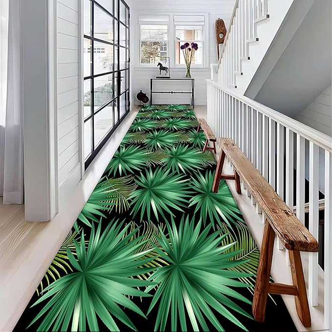 Plant Leaf Runner Rug, 2.6x10ft, Tropical Green Palm Leaves Washable Rugs Runner Kitchen Carpet, Non-Slip Plant Leaves Non-Shedding Low Pile Modern Rug for Hallway Bedroom Laundry Room