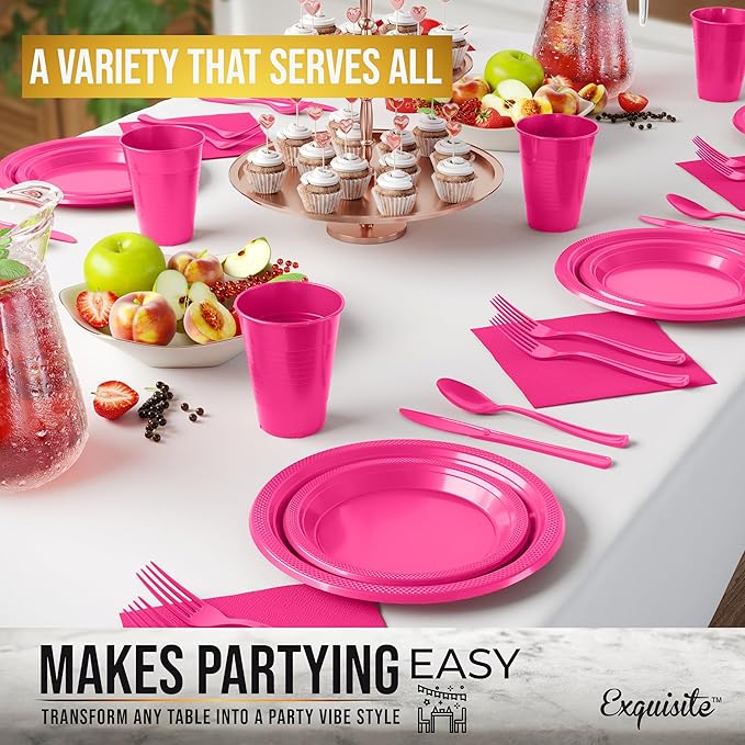 350 Pcs Cerise Plastic Plates For Party, Cerise Disposable Plates Set, 50 Of Each 9" Dinner Plate Set, 7" Dessert Plate, Cups, Napkins & Cutlery Plastic Dinnerware Set Exquisite