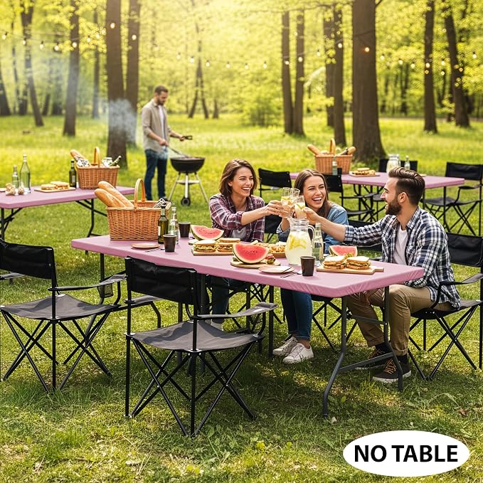 LUSHVIDA 6 Packs Vinyl Tablecloths with Flannel Backing for 8ft Rectangle Folding Table Cloths - Waterproof Plastic Picnic Table Covers with Elastic Corners, 30x96 inch, Pink