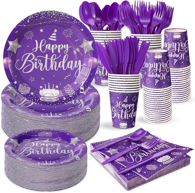 Vesici 350 Pcs Happy Birthday Party Supplies Disposable Party Tableware Set Serves 50 Included Plates Napkins Cups Cutlery for Men Woman 50th 80th Birthday Party Decorations (Silver Purple)