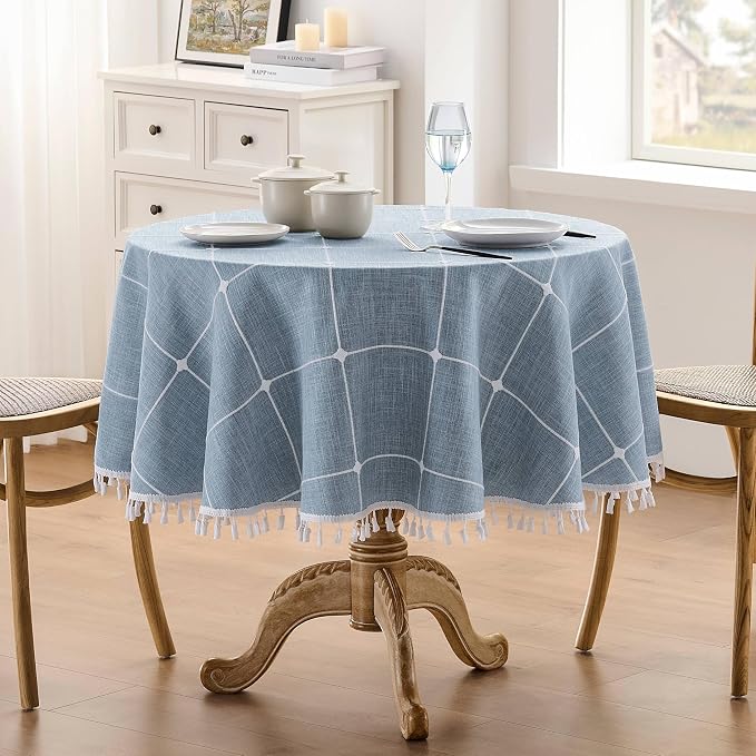 ZeeMart Boho Grid Table Cloth with Tassels (Blue, 60" Round), Heavy Weight Linen Checked Embroidered Farmhouse Tablecloth, Water Resistant Round Dusty Blue Tablecloths