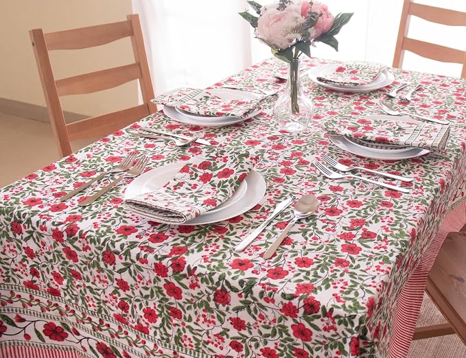 Chirstmas Red Block Print Table Cloth- 60x108 Inch Rectangle 100% Cotton Handmade Pre-Shrink, Washable for Spring, Kitchen & Dining Perfect for Patio, Indoor & Outdoor, Farmhouse