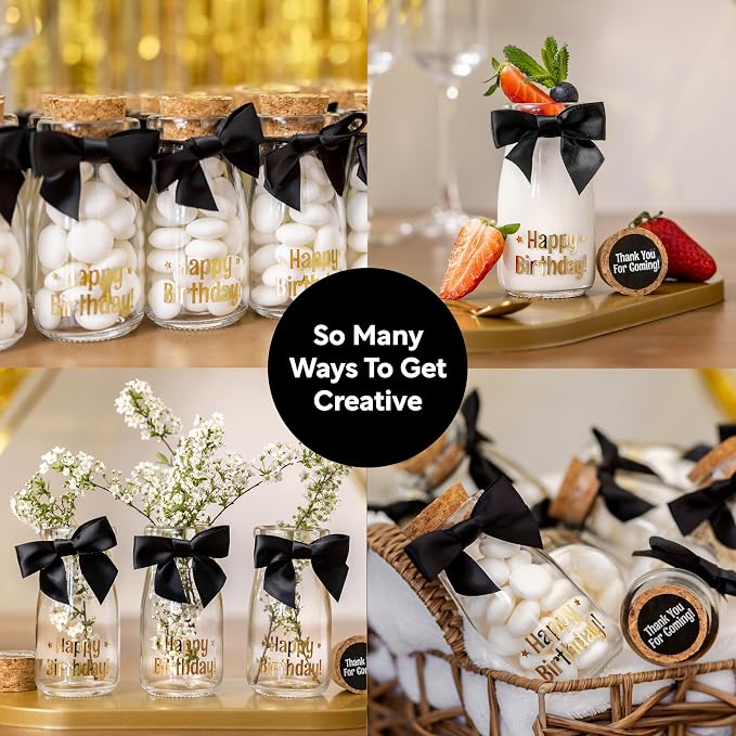 Ethisa Vintage 24 Pack Adult Birthday Party Favors Glass Bottles with Ribbons and Stickers - Classy Happy Birthday Favors and Table Centerpieces Decorations - Sturdy Candy Jar for Guests