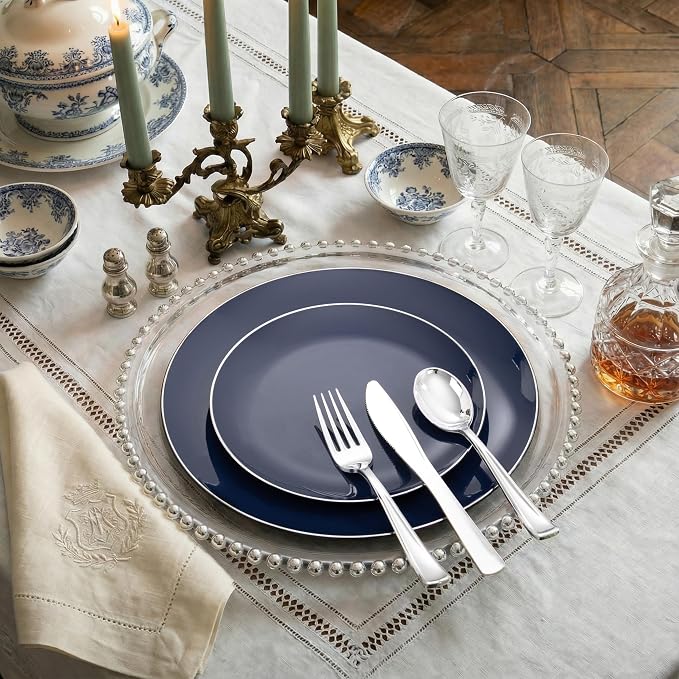 KIRE 200PCS Blue Plastic Plates with Silver Rim - Navy Blue Plastic Plates Include 100 Dinner & Dessert Plate - Heavy Duty Dark Blue Disposable Plate for Wedding/Parties/4th of July