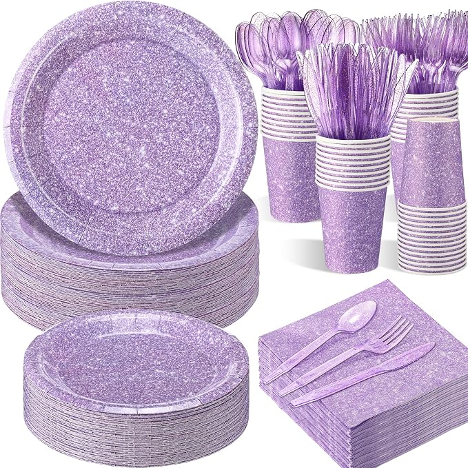 Hushee 350 Pcs 50 Guests Pastel Purple Paper Party Plates and Cups Napkins Sets Holographic Glitter Disposable Dinnerware Plastic Forks Knives Spoons Birthday Bachelorette Wedding Party Supplies