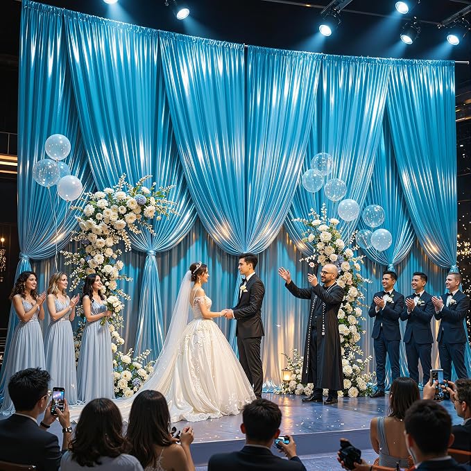 30x10ft Sky Blue Glitter Backdrop Curtain for Parties, Wrinkle Free Satin Photo Backdrop Drapes 6 Panels 5x10FT Shimmer Back Drop Cloth for Wedding Birthday Baby Shower Photography Background Decor