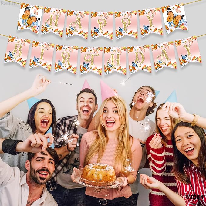 KatchOn, Glitter Butterfly Happy Birthday Banner - 2 String, Pre-Strung | Banner for Butterfly Birthday Decorations | birthday decorations for women