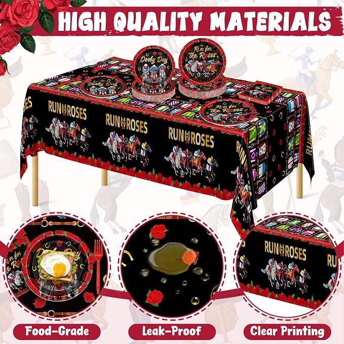 QZYL 122 PCS Derby Party Supplies, Disposable Derby Plates Tablecloths Forks Horse Napkins Set, Run for The Rose Kentucky Racing Horse Decorations for Party Tableware Supplies, Serves 30
