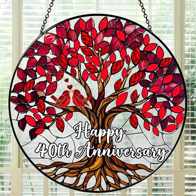 40th Wedding Anniversary Stained Glass Suncatcher, Ruby Anniversary Wedding Gifts, 6x6' Window Hanging for Couple, Wife, Husband, Parents – Unique 40th Anniversary Decorations Gifts
